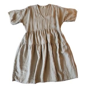 Dolma Linen Midi Dress Lagenlook Boho Peasant Flowy Pockets Sage Green Sz L/XL